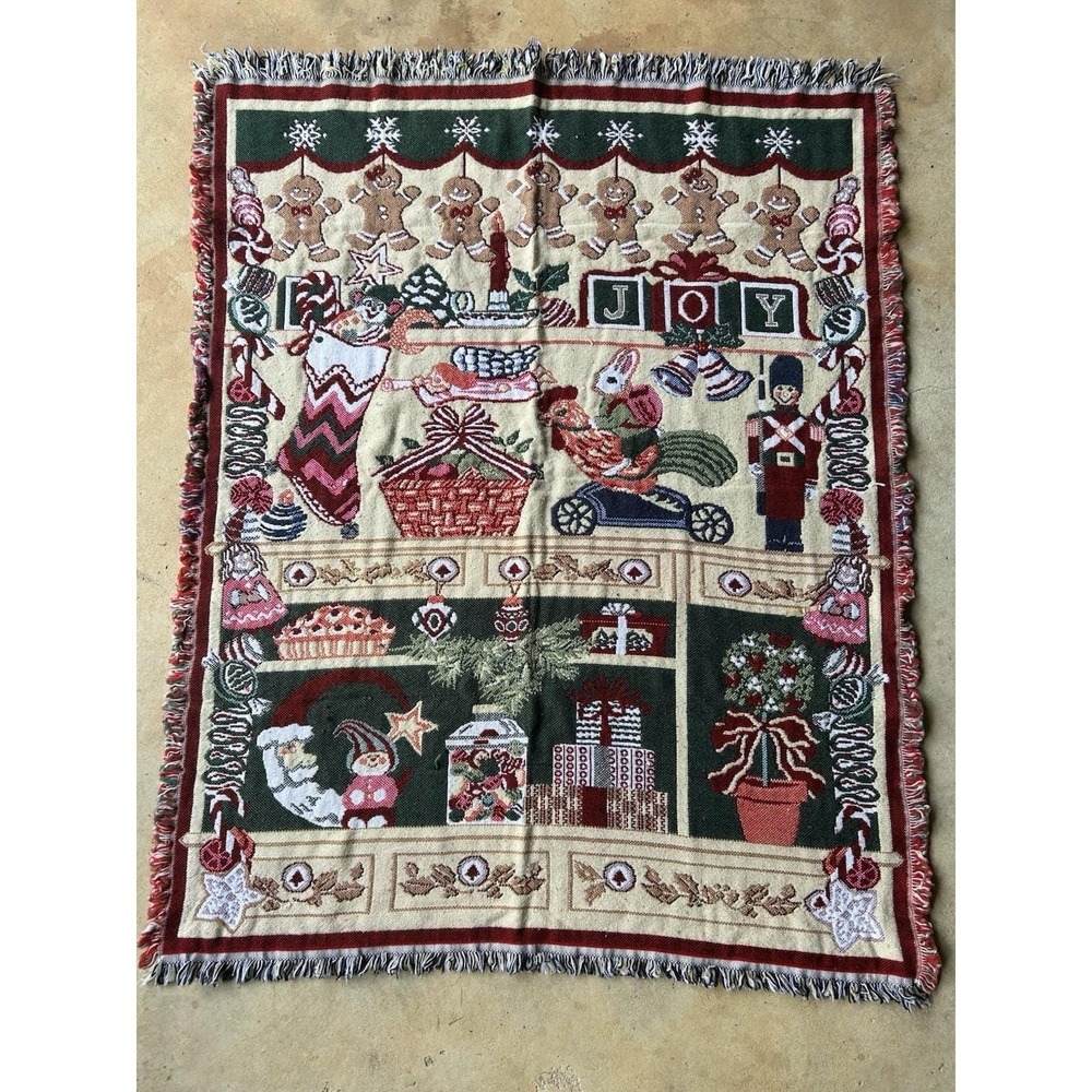 Vtg Christmas Tapestry Blanket Throw Crown Crafts Cookie Elf Santa Nutcracker